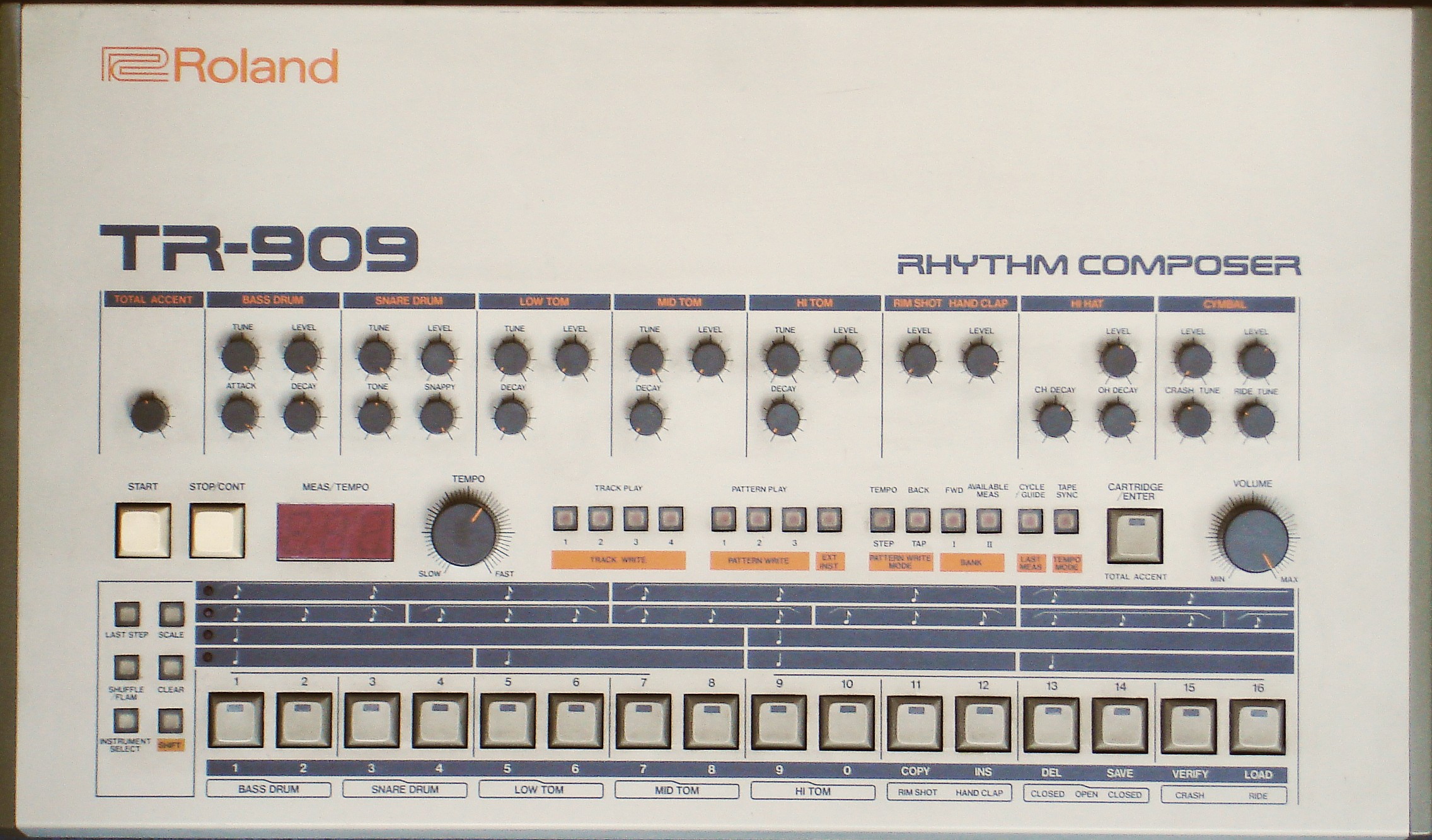 Roland TR-909 — knob detail, 1983